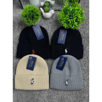 Шапка Polo Ralph Lauren чоловіча та жіноча (в'язана щільна тепла шапка Ральф Лорен чорна бежева сіра з відворотом та вишивкою) зи