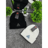 Шапка Nike ACG чоловіча та жіноча чорна та біла (в'язана щільна тепла шапка Найк АСГ з відворотом та патчем) зимова демісезонна б