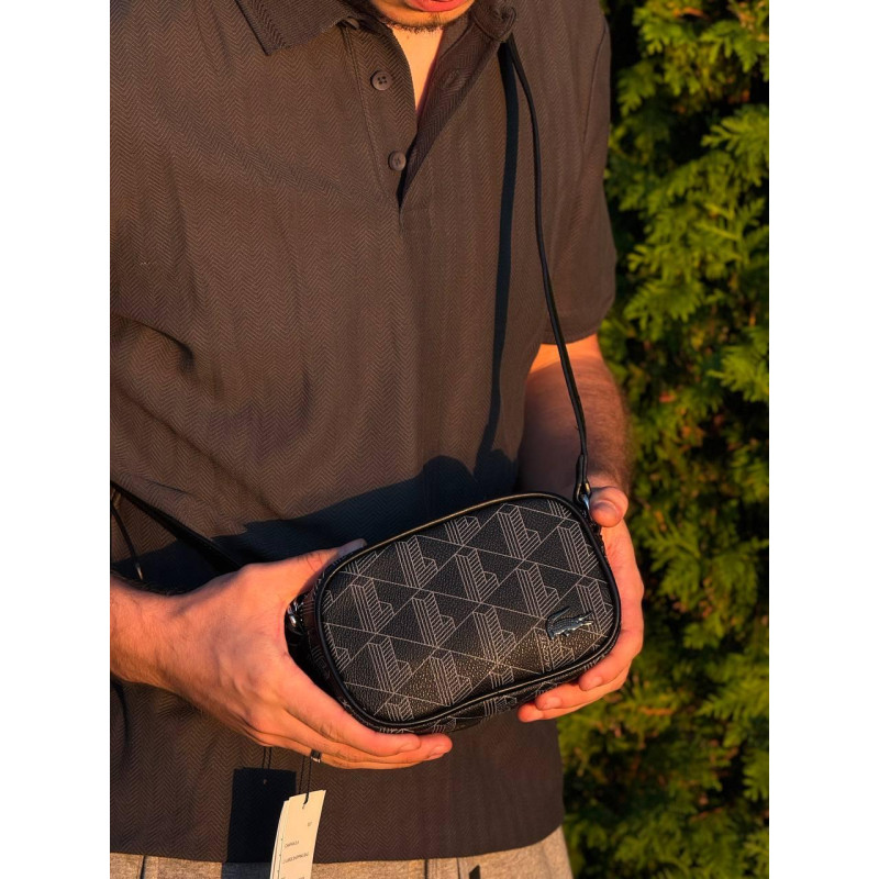 Сумка Lacoste monogram чоловіча кросбоді чорна через плече спортивна сумка Лакост чоловіча шкіряна барсетка месенджер