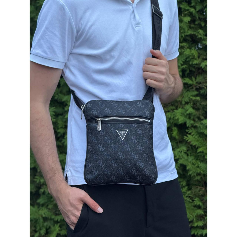 Сумка Guess Vezzola Smart чоловіча через плече шкіряна барсетка месенджер Гуес чорна спортивна сумка Гусес месенджер чорний