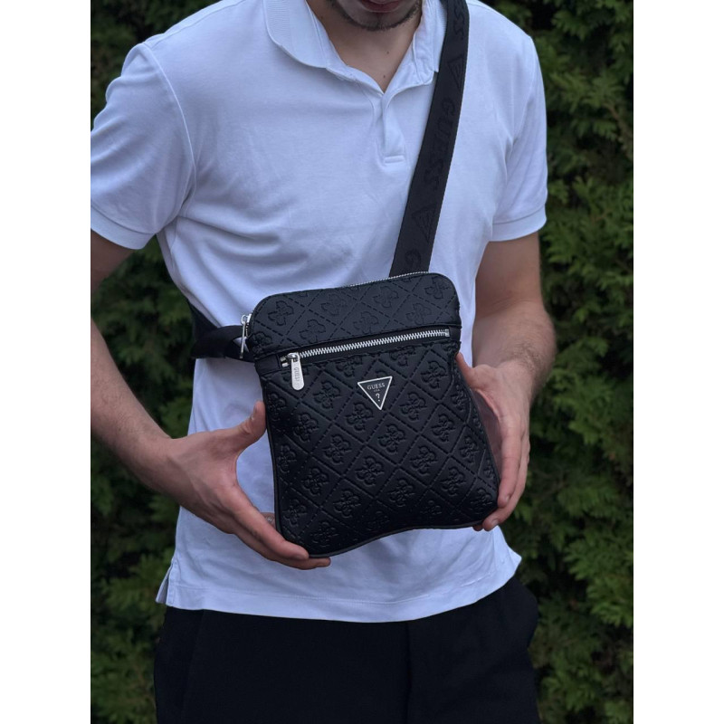 Сумка Guess Vezzola Smart чоловіча через плече шкіряна барсетка месенджер Гуес чорна спортивна сумка Гусес месенджер чорний