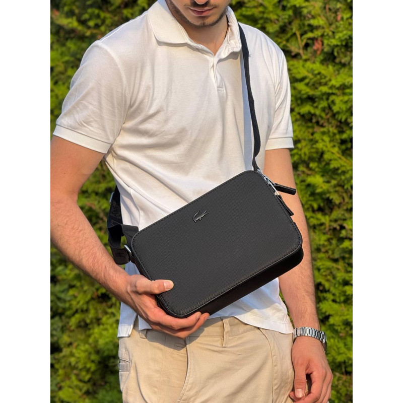 Сумка Lacoste Bag чорна чоловіча сумка кросбоді месенджер Лакост монограм Full Black Lacoste чоловіча