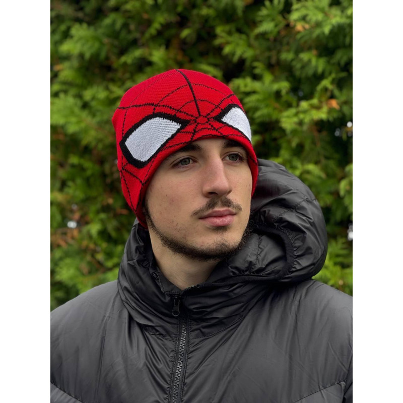 Шапка Spider Man чоловіча шапка на зиму червона Спайдер Мен шапка з людиною павуком чоловіча тепла зимова шапка
