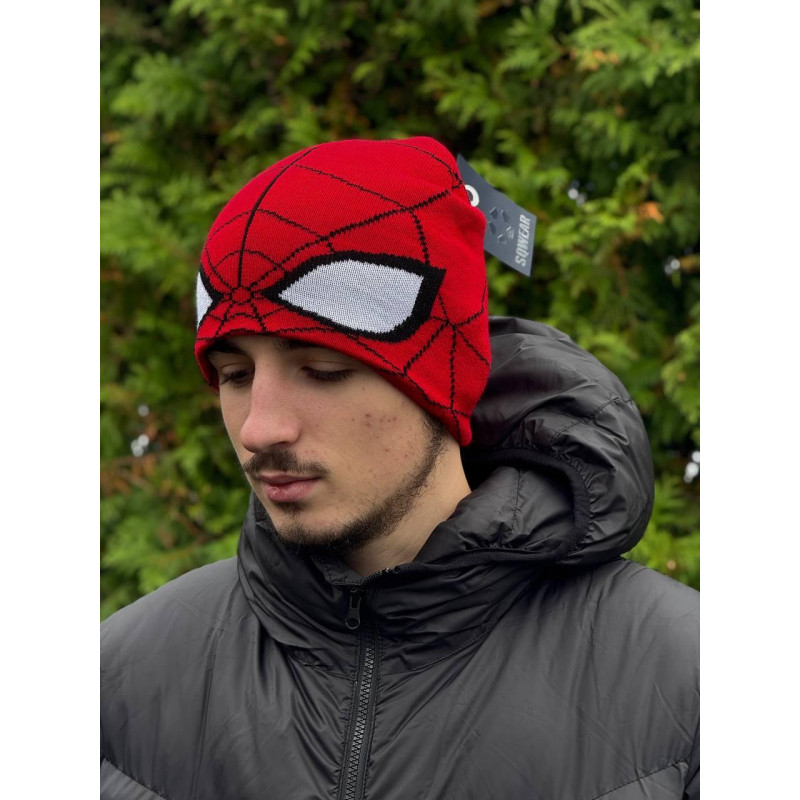 Шапка Spider Man чоловіча шапка на зиму червона Спайдер Мен шапка з людиною павуком чоловіча тепла зимова шапка
