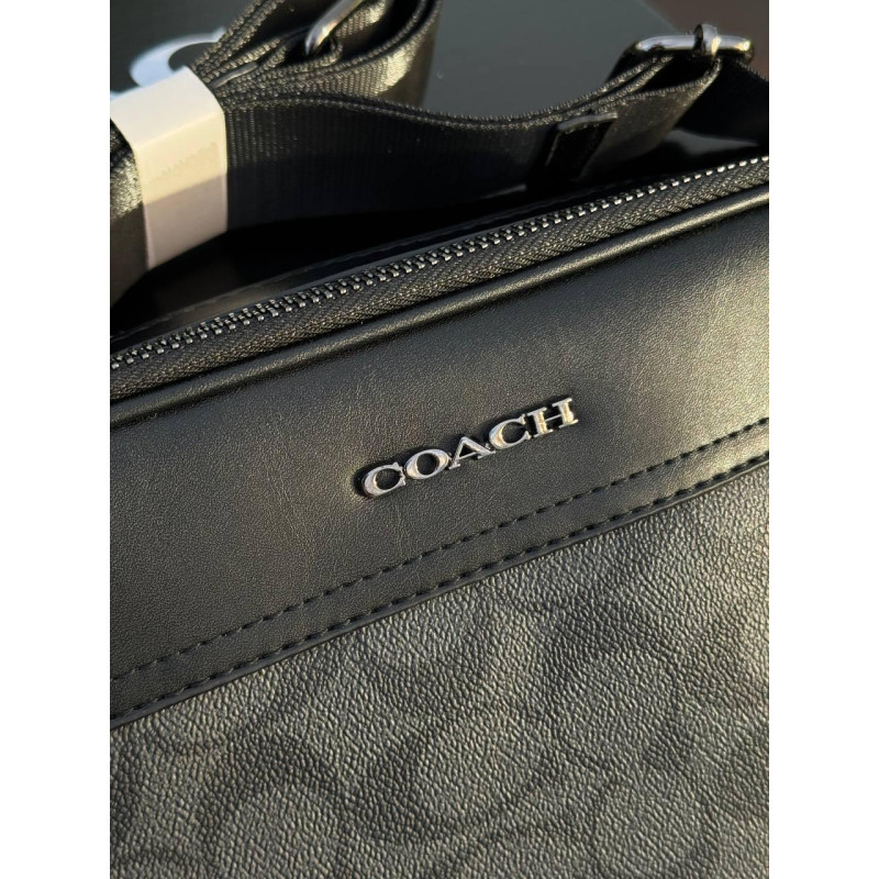 Сумка Coach крободі чоловіча чорна шкіряна барсетка Коач месенджер чоловічий через плече Коуч чорна