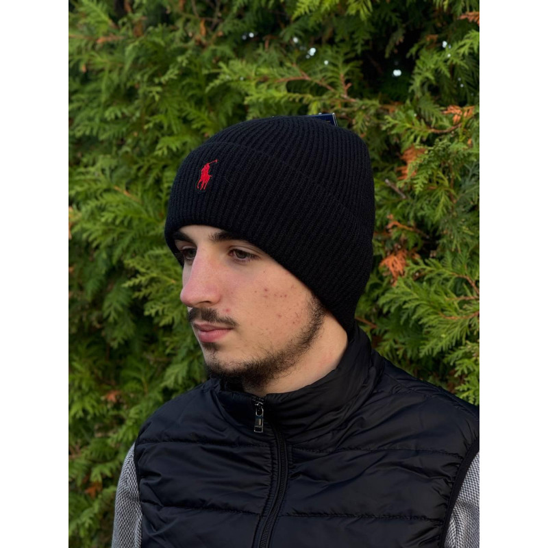 Шапка Polo Ralph Lauren чорна чоловіча шапка Поло Ральф Лоурен чорна тепла зимова шапка Поло Ральф