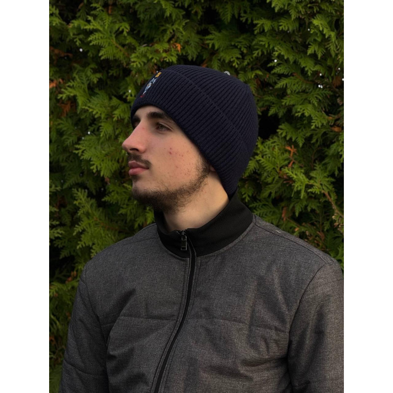 Шапка Поло з ведмедиком темно синя чоловіча шапка Polo Ralph Lauren з ведмедиком синя чоловіча зимова шапка