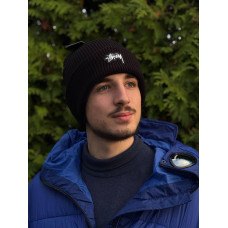 Шапка чорна Stussy 3D Logo чоловіча тепла зимова шапка Стусі чорна спортивна на зиму шапка Стуссі