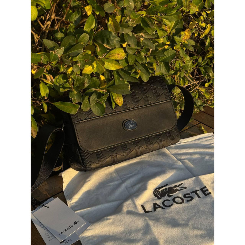 Сумка Lacoste monogram чорна чоловіча сумка Лакост монограм чорна через плече барсетка Лакост чоловіча шкіряна