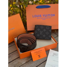 Набір подарунковий Louis Vuitton чоловічий чорний подарунковий набір Ремінь + гаманець Лв на зиму зимовий подарунок Луї Віттон