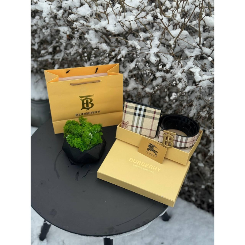 Набір Burberry чоловічий набір набір Барбері бежевий ремінь + гаманець набір ремінь Барбері чорний 110 см