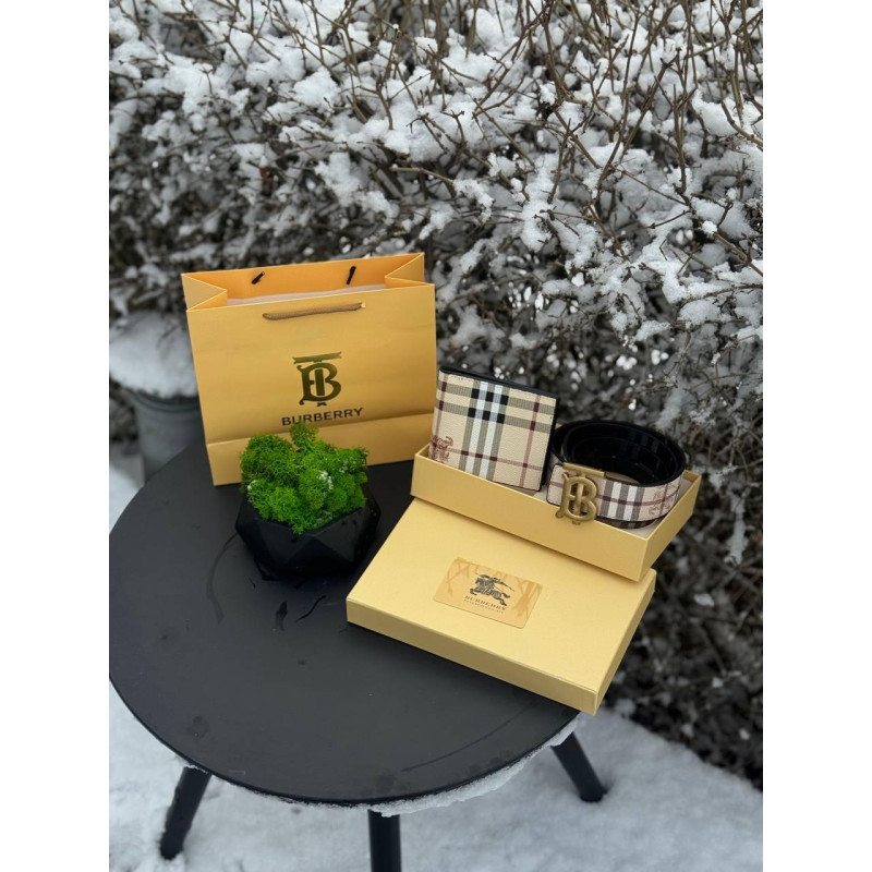 Набір Burberry чоловічий набір набір Барбері бежевий ремінь + гаманець набір ремінь Барбері чорний 110 см