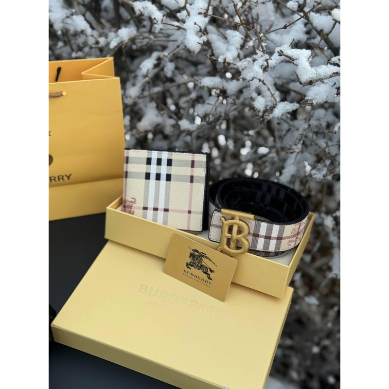 Набір Burberry чоловічий набір набір Барбері бежевий ремінь + гаманець набір ремінь Барбері чорний 110 см