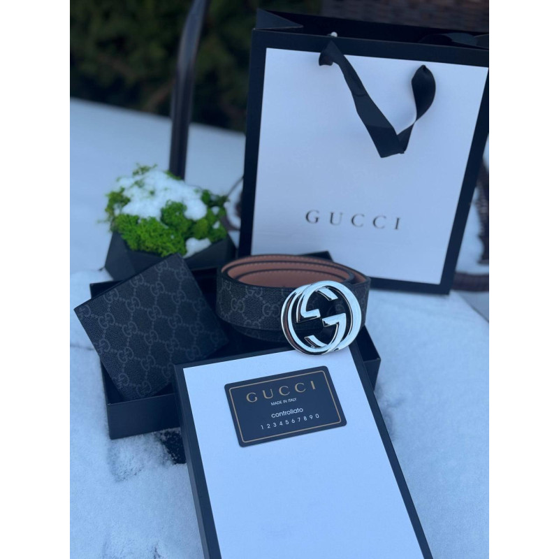Набір подарунковий Gucci чоловічий гаманець + ремінь чоловічий набір ремінь Гуччі шкіряний чорний