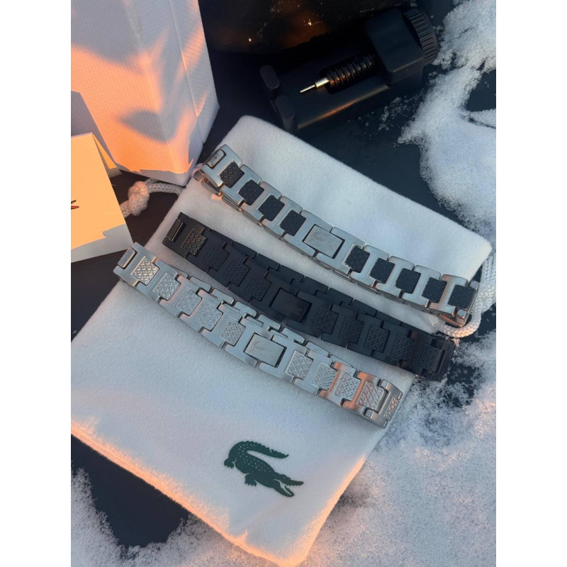 Браслет Lacoste чоловічий чорний браслет Лакост на зап'ястку ланцюжок чоловічий Лакоста срібний новий