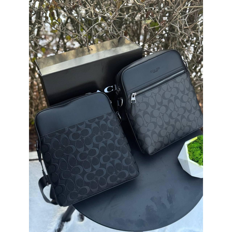 Сумка Coach New York чоловіча чорна сумка велика Коач Нью-Йорк барсетка шкіряна через плече Коуч