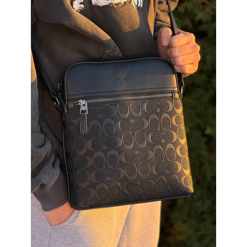 Сумка Coach New York чоловіча чорна сумка велика Коач Нью-Йорк барсетка шкіряна через плече Коуч