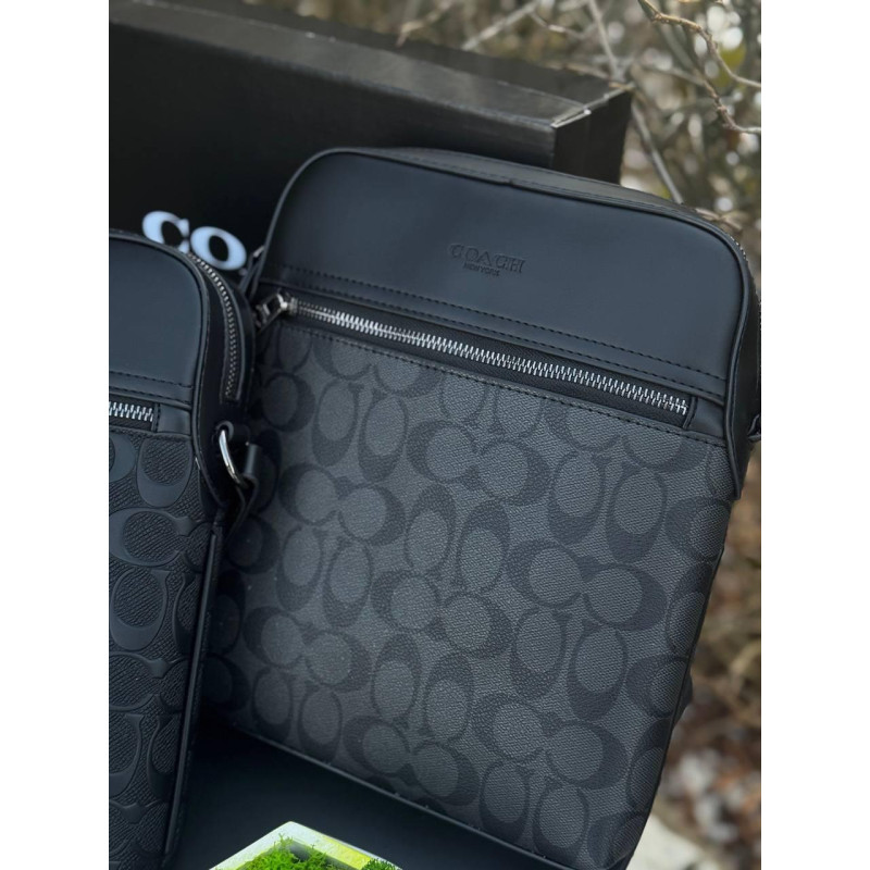 Сумка Coach New York чоловіча чорна сумка велика Коач Нью-Йорк барсетка шкіряна через плече Коуч