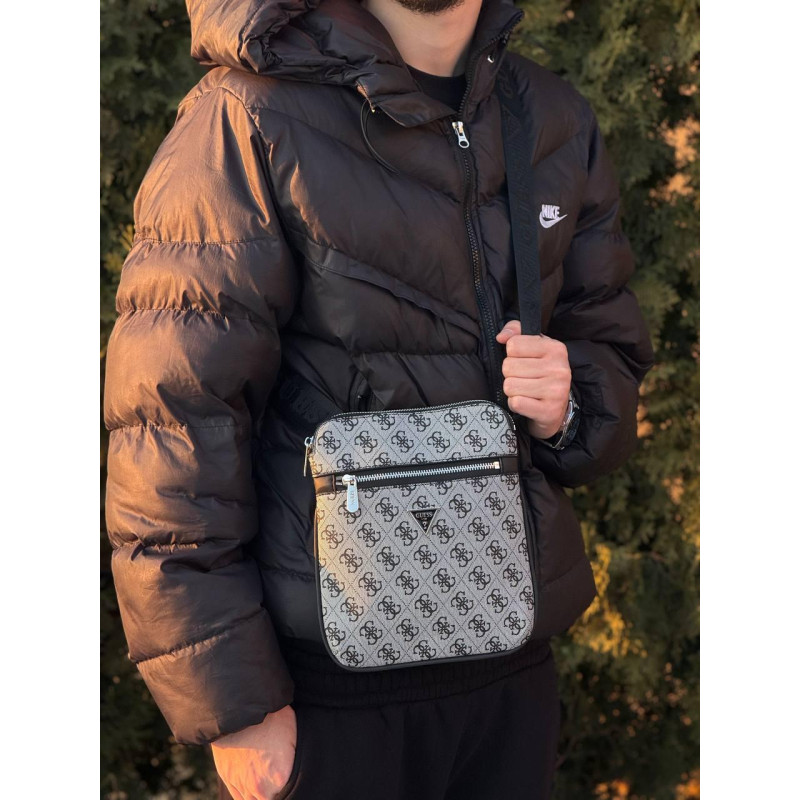 Сумка Guess чоловіча через плече чорна сумка Гуес шкіряна чоловіча сумка Гесс спортивна сіра