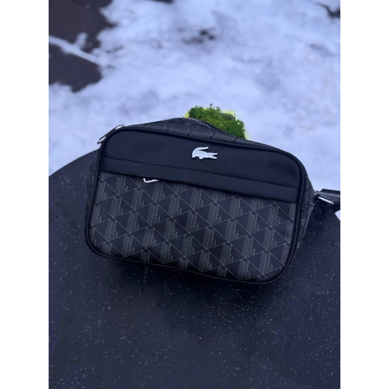 Сумка Lacoste Monogram Чорна шкіряна сумка через плече Лакост монограм чоловіча спортивна сумка Лакоста