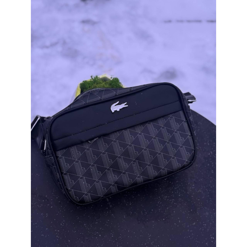 Сумка Lacoste Monogram Чорна шкіряна сумка через плече Лакост монограм чоловіча спортивна сумка Лакоста