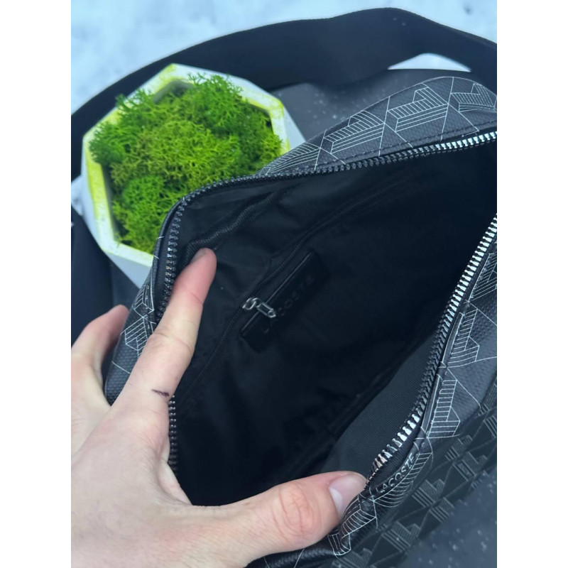 Сумка Lacoste Monogram Чорна шкіряна сумка через плече Лакост монограм чоловіча спортивна сумка Лакоста