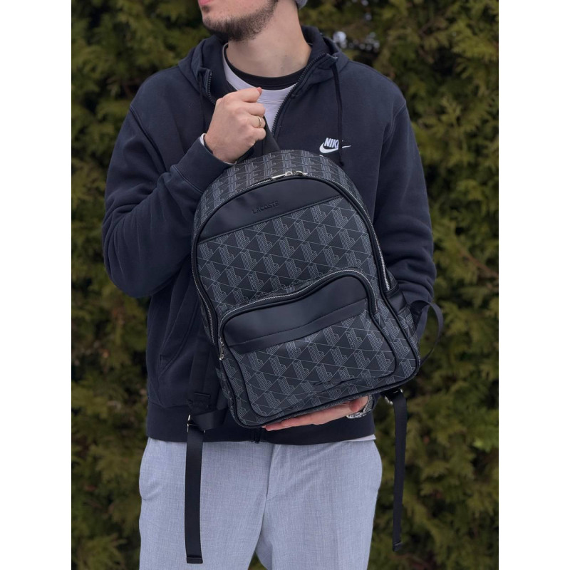 Рюкзак Lacoste monogram чорний шкіряний рюкзак портфель Лакост спортивний шкільний рюкзак Лакоста