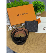 Набір Louis Vuitton чорний чоловічий набір гаманець + ремінь Луї Вітон шкіряний чоловічий набір подарунковий ЛВ