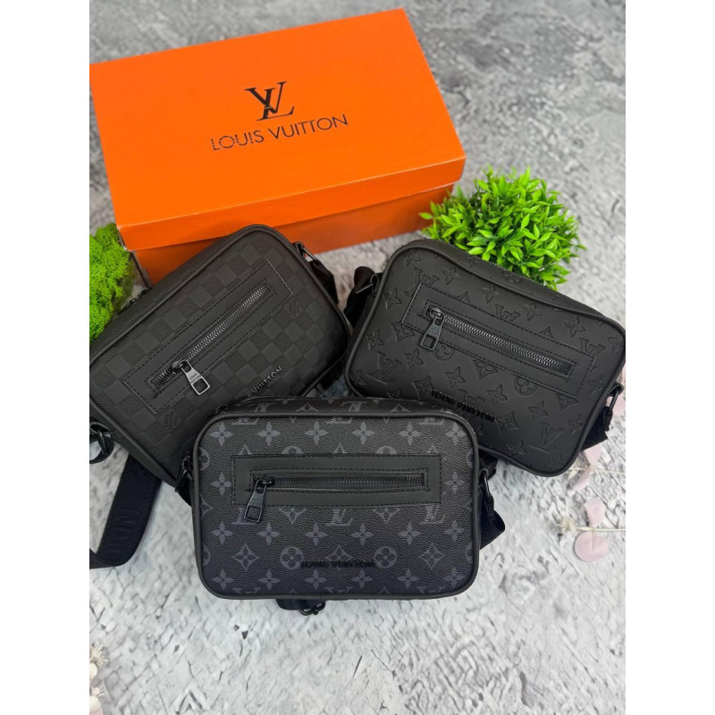Сумка Louis Vuitton чоловіча чорна барсетка Луї Вітон чорна шахова месенджер через плече Lv білий