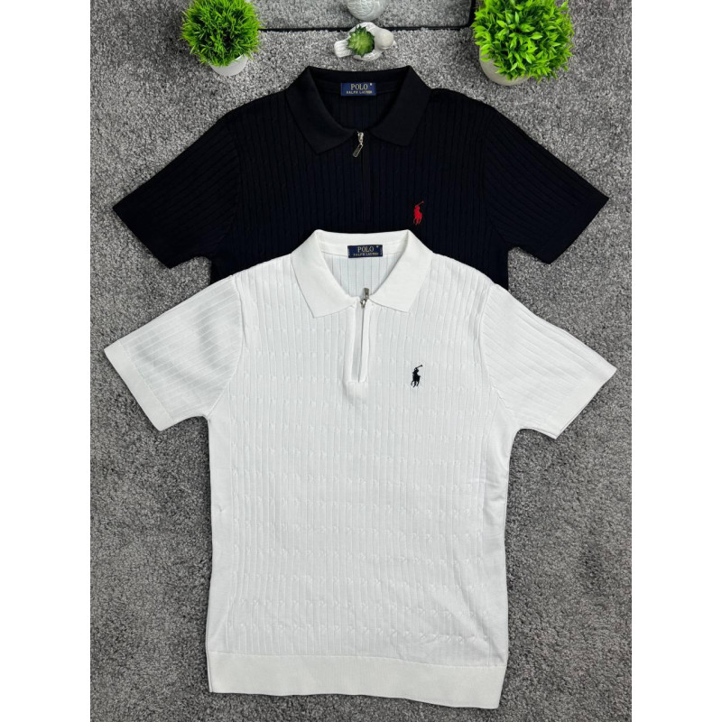 В'язана футболка Polo Ralph Lauren з коміром на замку чоловіча чорна футболка Поло Ральф Лоурен в'язаний Напівзамок чорний
