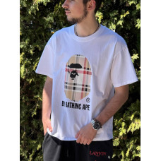 Футболка чоловіча Bape x Burberry біла, бавовна, з принтом, стильна streetwear, oversize, легка, дихаюча, базова, розміри S–XL