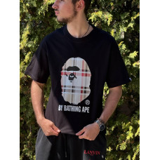 Футболка чоловіча Bape x Burberry чорна, бавовна, з принтом Ape, стильна streetwear, oversize, легка, дихаюча, базова, повсякденн