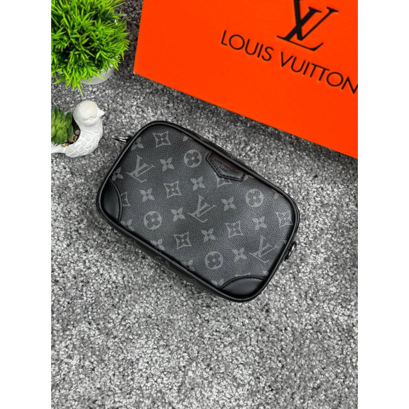 Чоловіча сумка через плече Louis Vuitton чорна, компактна кроссбоді з екошкіри 20×15 см, стильна барсетка з монограмою