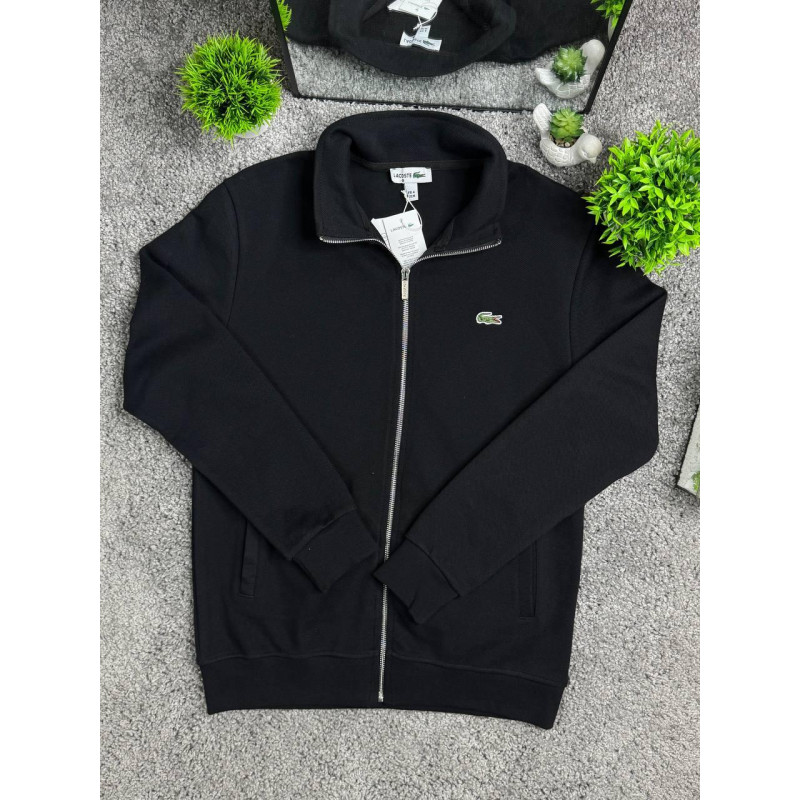 Чоловічий кардиган Lacoste чорний на блискавці (зипка Лакост), бавовняна кофта без капюшона з вишитим логотипом