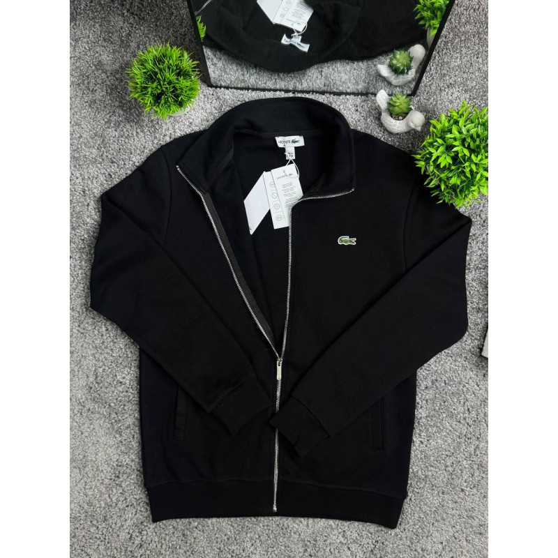 Чоловічий кардиган Lacoste чорний на блискавці (зипка Лакост), бавовняна кофта без капюшона з вишитим логотипом