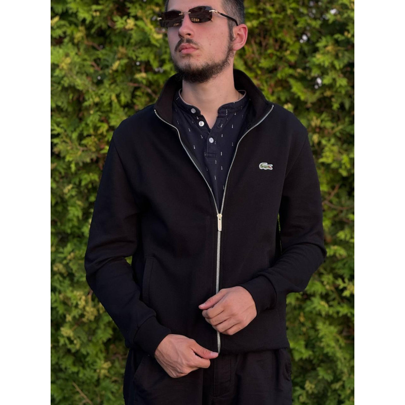 Чоловічий кардиган Lacoste чорний на блискавці (зипка Лакост), бавовняна кофта без капюшона з вишитим логотипом