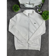 Чоловічий кардиган Lacoste білий на блискавці (зипка Лакост), бавовняна кофта без капюшона з вишитим логотипом