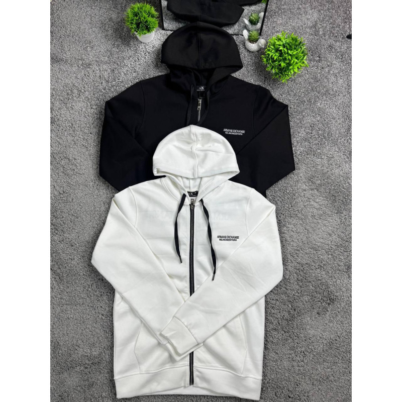 Чоловіче зіп-худі Armani Exchange (Armani A|X) чорне/біле на блискавці, бавовняна кофта з капюшоном