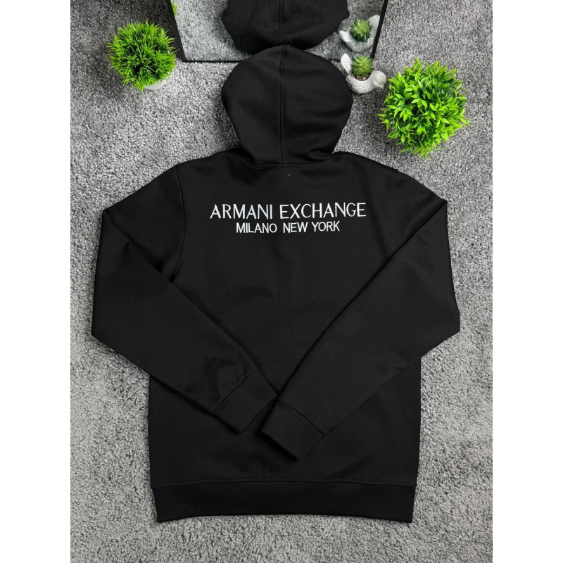 Чоловічий зип-худі Armani Exchange чорне на блискавці з капюшоном, бавовняна кофта A|X
