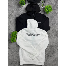 Чоловічий зип-худі Armani Exchange білий на блискавці з капюшоном, бавовняна кофта A|X з вишитим логотипом