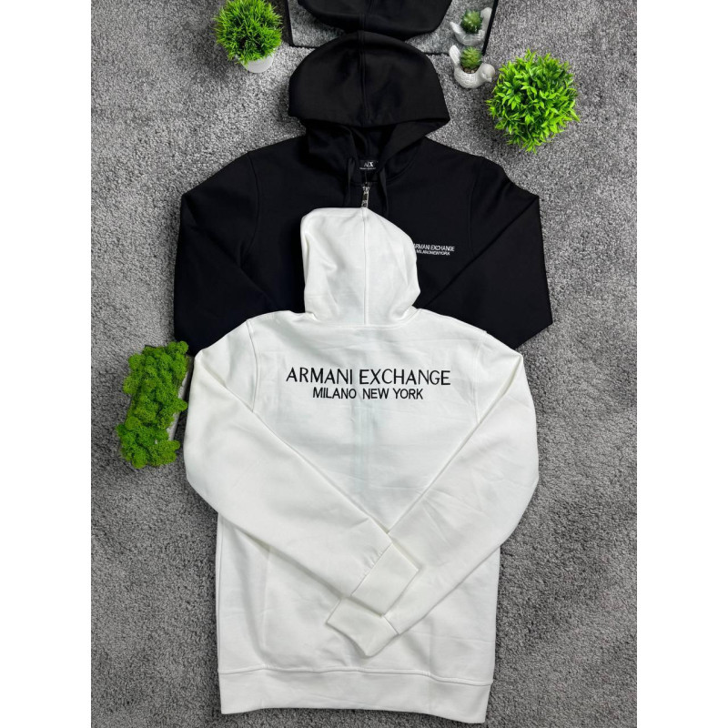 Чоловічий зип-худі Armani Exchange білий на блискавці з капюшоном, бавовняна кофта A|X з вишитим логотипом