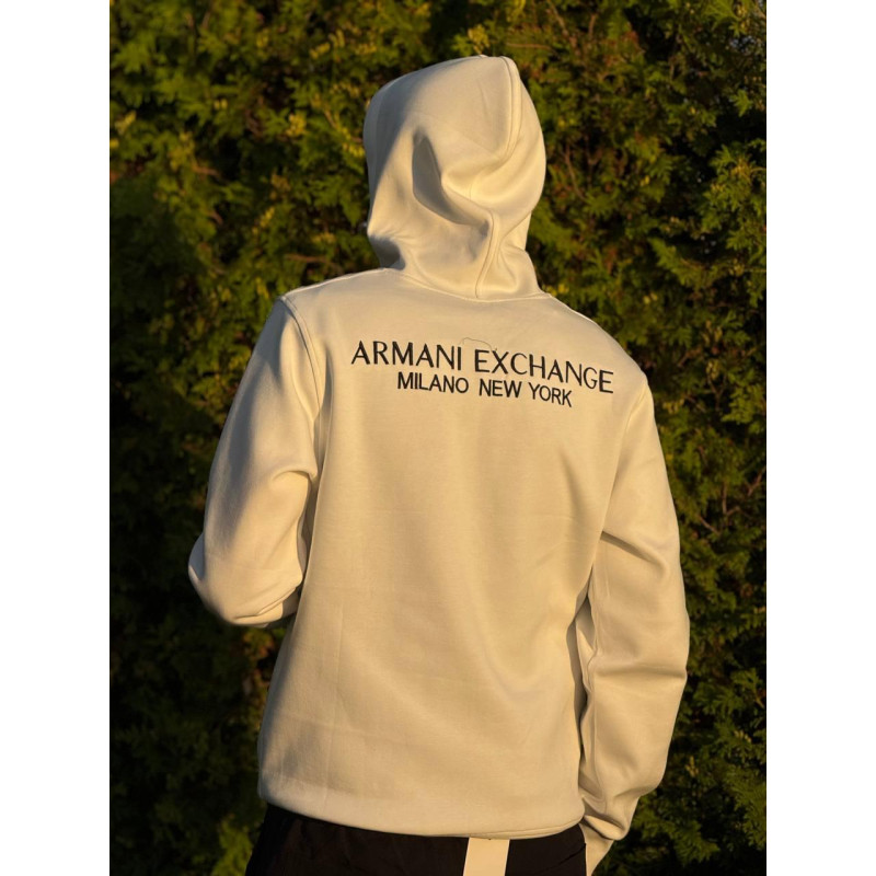 Чоловічий зип-худі Armani Exchange білий на блискавці з капюшоном, бавовняна кофта A|X з вишитим логотипом
