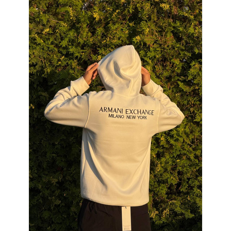 Чоловічий зип-худі Armani Exchange білий на блискавці з капюшоном, бавовняна кофта A|X з вишитим логотипом