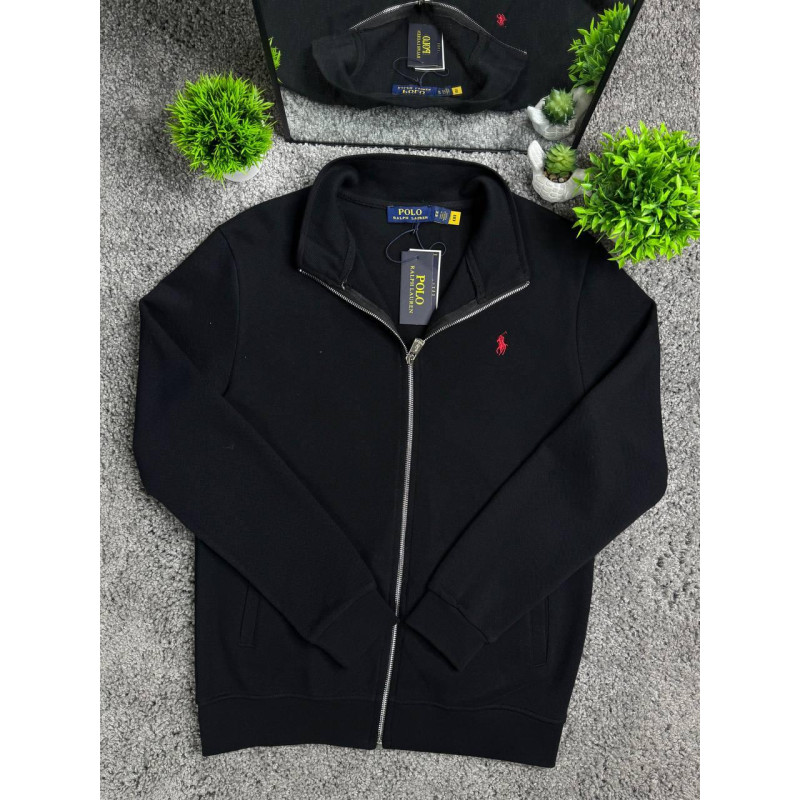 Чоловічий кардиган Polo Ralph Lauren чорний на блискавці без капюшона, бавовняна кофта преміум якості з вишитим логотипом