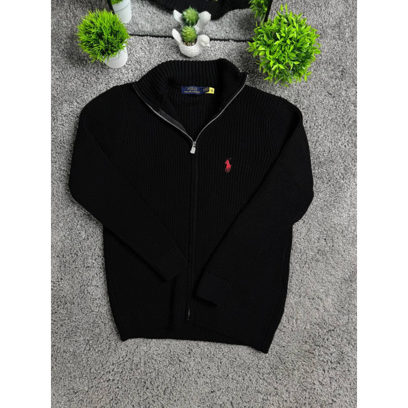 Чоловічий кардиган Polo Ralph Lauren чорний на блискавці, в'язана кофта Поло Ральф Лорен з бавовни, стильна сіпка