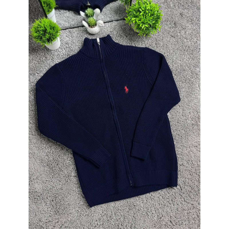 Чоловічий кардиган Polo Ralph Lauren темно-синій на блискавці, в'язана кофта Поло Ральф Лорен з бавовни, стильна сіпка