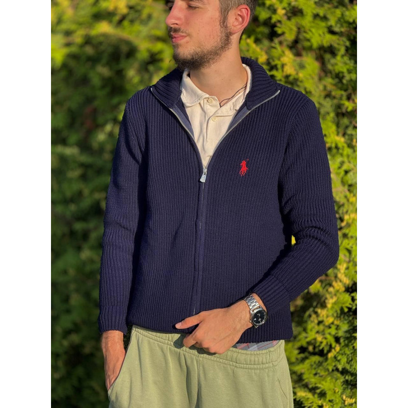 Чоловічий кардиган Polo Ralph Lauren темно-синій на блискавці, в'язана кофта Поло Ральф Лорен з бавовни, стильна сіпка
