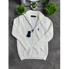 В'язаний чоловічий кардиган Polo Ralph Lauren білого кольору на блискавці, кофта Поло Ральф Лоурен без капюшона (зипка)