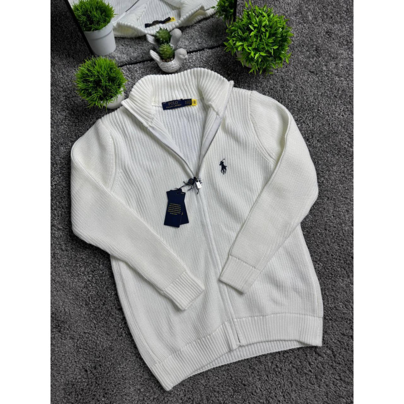 В'язаний чоловічий кардиган Polo Ralph Lauren білого кольору на блискавці, кофта Поло Ральф Лоурен без капюшона (зипка)