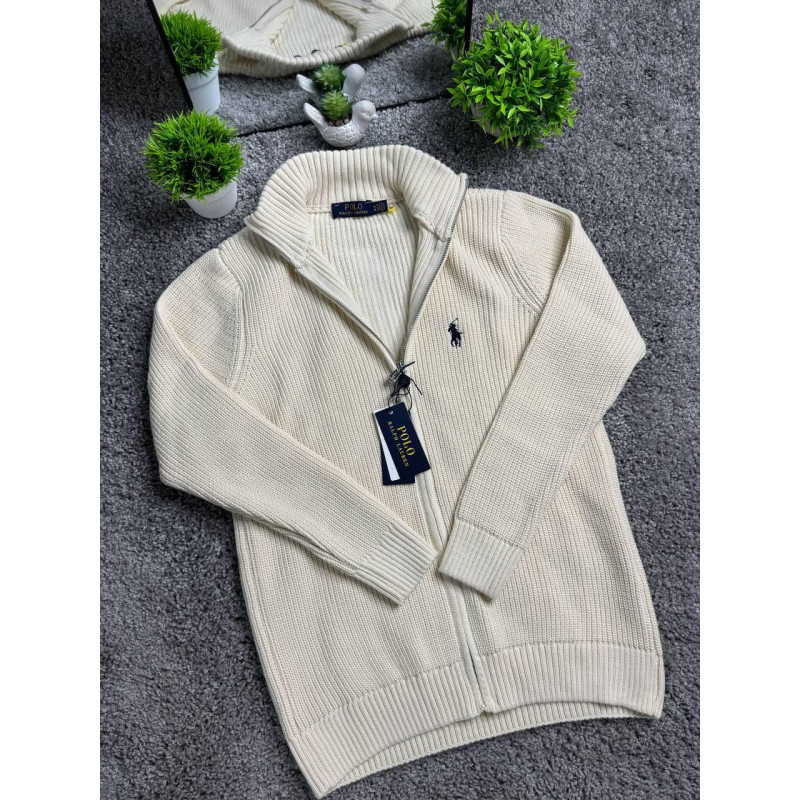 В'язаний чоловічий кардиган Polo Ralph Lauren бежевого кольору на блискавці, кофта Поло Ральф Лоурен без капюшона